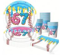 Shein 50 piezas Platos, vasos y servilletas con temática de donas de béisbol y helado, suministros para fiestas con temática de béisbol, decoraciones para f