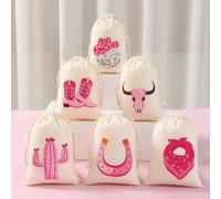 Shein 6 bolsas de regalo reutilizables con cordón estilo vaquero disco rosa, decoraciones de fiesta de cumpleaños con temática de vaquero disco rosa, decora