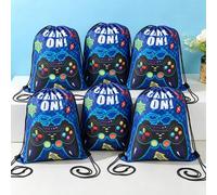 Shein 6 piezas Bolsas con cordón con patrón de videojuegos azules, suministros de embalaje de regalos, decoraciones de fiesta de cumpleaños, bolsas de almac