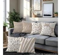 Shein 6 piezas Fundas de cojín con estampado de cita cálida "Home Sweet Home & Family Is Everything" en color té con leche, diseño geométrico de flores y ho