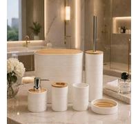 Shein 6 piezas Juego de tocador de baño con tapa de bambú a rayas, organizador de plástico, soporte para cepillo de dientes