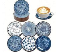 Shein 6 piezas/Set Posavasos de madera azules, Manteles individuales redondos impresos para protección y aislamiento térmico de escritorio, Adecuado para of