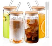 Shein 6 piezas/Set, Vasos de vidrio de 550ml con tapas y pajitas, Vasos de agua tipo Mason Jar, Vasos para café helado, Vasos de vidrio con tapas de bambú,