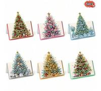 Shein 6 piezas Tarjetas de felicitación navideñas plegables con diseño de árbol de Navidad en serie de diamantes, tarjetas de arte de diamantes con forma ún