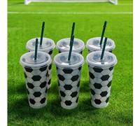 Shein 6 piezas Vasos reutilizables de plástico con forma de balón de fútbol con tapas y pajitas, adecuados para fans de fútbol, decoración y regalos de fies