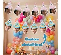 Shein 7/14/21 piezas Pancarta de sombrero de cumpleaños personalizada con foto y texto, Banderín de fiesta con rostro personalizado, Guirnalda de cumpleaños