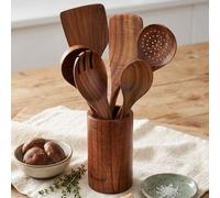 Shein 7 piezas Juego de utensilios de cocina de madera, cucharas de cocina, cucharas de cocina de madera natural con estante para cucharas, juego de espátul