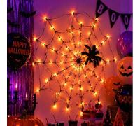 Shein 70 LED Luces de Cadena de Telaraña de Halloween con Araña Negra de 10cm, Alimentadas por Batería, Adecuadas para Fiesta de Halloween, Casa Embrujada,