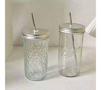 Shein 700ml/650ml Tarro de Cristal Mason y Taza Diamante, Taza de Cristal de Alta Transparencia + Tapa a Prueba de Fugas + Pajita de Acero Inoxidable, Apto