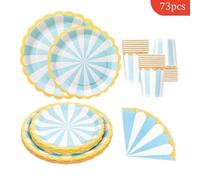 Shein 73/25/16 piezas Platos, servilletas y vasos desechables con forma de pétalo a rayas azules y blancas, juego de suministros desechables para fiestas, a