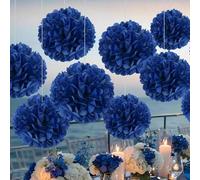 Shein 9 piezas de bolas de flores de papel azul marino, flores de papel esponjosas azul marino, decoración colgante para fiesta de graduación, adecuado para