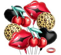 Shein 9 piezas de globos de fiesta individuales - Juego de globos de foil negro y rojo, incluye patrones de cereza, labios y guepardo, adecuado para decorac
