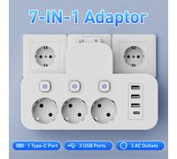 Shein Adaptador con 3 tomas de corriente CA, 3 puertos USB y 1 puerto Tipo C, cargador de pared multipuerto con interruptores independientes, convertidor de