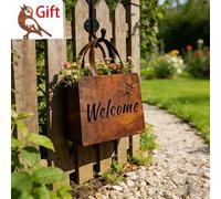 Shein Adorno de jardín de bolso de metal rústico con letrero de Hola & Bienvenido, elegante estatua de jardín con mini caja de flores, bolso de hierro oxida
