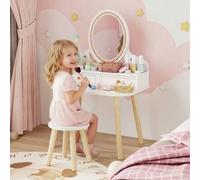 Shein AIYAPLAY Tocador de Maquillaje Niña, Tocador Infantil con Taburete y Espejo, 2 Cajones y Barras Colgantes, para Niños de 3 a 8 Años, Blanco