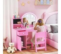 Shein AIYAPLAY Tocador de Maquillaje Niña, Tocador Infantil con Taburete y Espejo con Luces LED, 1 Cajón, Armario y 5 Estantes, para Niños de 3 a 8 Años, Ro
