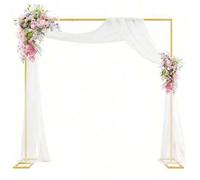 Shein Arco de boda cuadrado dorado con cortina de gasa blanca & flores rosas, soporte de fondo para fiesta & ceremonia
