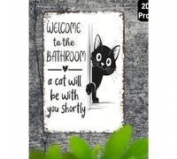 Shein Arte de pared de gato vintage en blanco y negro en 2D - Cartel de metal divertido "Bienvenido al baño" - Decoración de baño con diseño de gato retro -