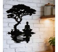 Shein Arte de pared de metal de árbol bonsái con hombre en meditación, silueta de yoga zen de hierro para colgar en la pared, escultura de pared minimalista