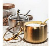 Shein Azucarero de acero inoxidable de 300ml con tapa de vidrio y cuchara - Dorado/Plateado, perfecto para café, té, especias, uso en el hogar y oficina