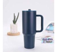 Shein Azul marino - Vaso de acero inoxidable de 20/30/40 onzas con asa y pajita plegable, taza aislada al vacío de doble pared para bebidas calientes y fría