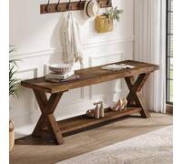 Shein Banco de madera maciza de 140 cm, banco con almacenamiento de estilo rústico para pasillo, dormitorio y comedor