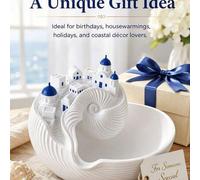 Shein Bandeja de almacenamiento de joyas con forma de concha de Santorini, decoración de mini aldea mediterránea azul y blanca, cuenco de almacenamiento de