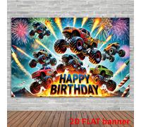 Shein Bandera de cumpleaños de camión monstruo vibrante de fibra de poliéster, decoración de pared interior y exterior festiva, sin electricidad requerida,