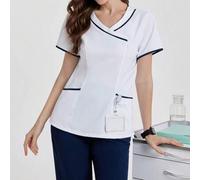 Shein Bata de trabajo con escote en V y múltiples bolsillos para mujeres, uniformes quirúrgicos de examen médico para mujeres, ropa para peluquería de masco