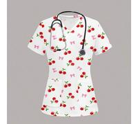 Shein Blusa de enfermera para mujer, estampado de lazo de cereza, adecuada para el trabajo y el hospital de mascotas