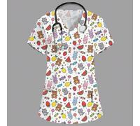 Shein Blusa de trabajo para mujer con cuello en V, manga corta, doble bolsillo, estampado de patrón de dibujos animados lindo, estampado de conejo lindo y o