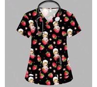 Shein Blusa de uniforme de enfermera y doctora de talla grande con cuello en V y manga corta, camiseta de trabajo de sirvienta con estampado de fresa de dib