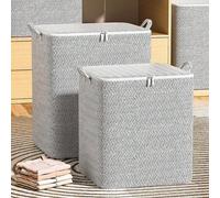 Shein Bolsa de almacenamiento de tela con patrón de gran capacidad con asas dobles y tapa con cremallera, caja de almacenamiento plegable a prueba de polvo
