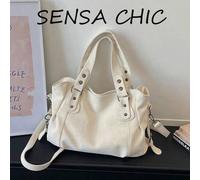 Shein Bolso de mano blanco de moda para mujer, gran capacidad, asa superior, correa de hombro desmontable, diseño con remaches. Adecuado para trabajadoras d