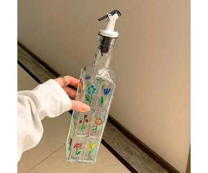Shein Botella dispensadora de aceite de vidrio cuadrada para la cocina del hogar, botella de vinagre vintage con diseño de relieve pintado a mano, botella d
