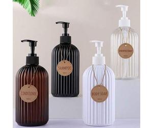 Shein Botellas dispensadoras de jabón de plástico a rayas de 500ml 16oz con ventosa antideslizante, blanco/marrón/transparente/negro, vienen con embudo alea