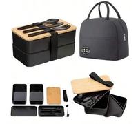 Shein Caja bento de plástico de doble capa, bandeja de almuerzo con compartimentos estilo japonés, recipiente para preparación de comidas de gran capacidad