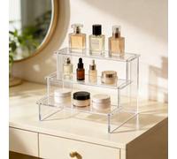 Shein Caja de almacenamiento de cosméticos de acrílico de 3 niveles, estante de exhibición transparente multicapa, adecuado para perfumes, joyas, cuidado de