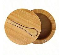 Shein Caja de especias de bambú con cuchara y tapa giratoria, olla magnética de succión para especias, recipiente individual para sal, para alimentos, cocin