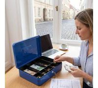 Shein Caja de metal azul de 30x24x9cm, organizador de dinero con cerradura y asa, cofre portátil para almacenamiento de monedas