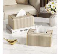 Shein Caja de pañuelos de escritorio multifuncional, caja de pañuelos de cuero PU con rayas, caja de pañuelos con bordes dorados para decoración de mesas en