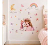 Shein Calcomanía de pared de niña unicornio, pegatina de pared de vinilo removible con luna, arcoíris, estrellas, mariposas, flores, decoración de pared par