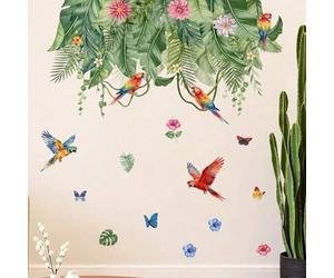 Shein Calcomanías de pared para guardería tropical, pegatinas de plantas tropicales verdes con loros y golondrinas, decoración del hogar, suministros para d