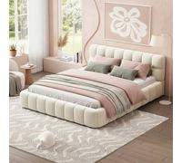 Shein Cama con colchón de aire acolchado, cama doble con cabecero suave, cama juvenil, estructura de cama con somier, ropa de cama, sin colchón, beige