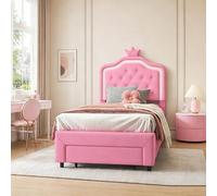 Shein Cama infantil de 90x200 cm con cajones, cama individual tapizada, cama tapizada con forma de corona para niñas, ideal para adultos y adolescentes, col