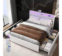 Shein Cama tapizada de 140x200 cm, cama doble con 4 cajones, somier con cabecero y base de láminas de madera, estructura de cama con almacenamiento, ilumina