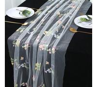 Shein Camino de mesa de malla bordada con flores retro blanco 180x75cm, tul transparente para decoración de baby shower, boda y fiesta