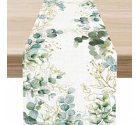 Shein Camino de mesa rectangular de 13x72 pulgadas con estampado bohemio de plantas verdes y flores, con hojas verdes y decoración dorada, adecuado para fie