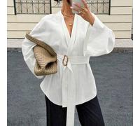 Shein Camisa de manga larga con cinturón de hebilla de metal y cintura ceñida, 100% algodón puro, suave y agradable a la piel, adecuada para el trabajo y la