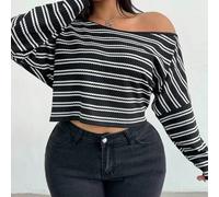 Shein Camiseta de manga larga con hombros oblicuos a rayas de waffle para mujer de talla grande, camiseta gráfica de uso casual y polivalente, adecuada para